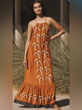 LouLou Avenue x Anthropologie Tiered Tent Dress Rust Floral MaxiDress Ruffle Hem